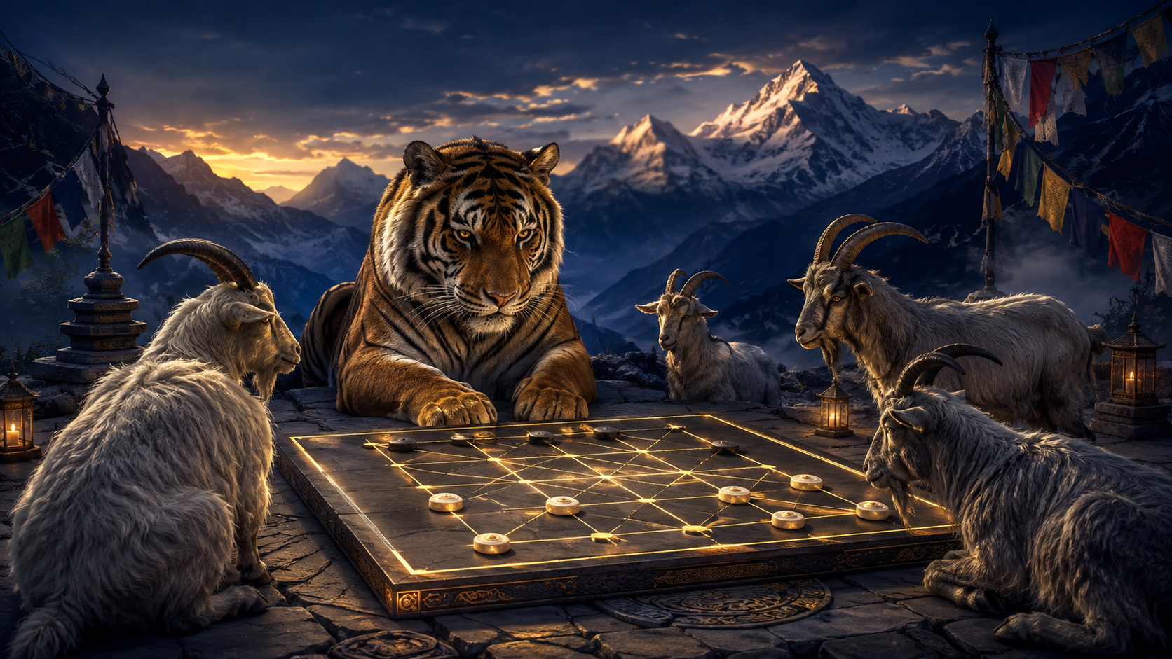 Four tigers and a herd of goats gathered around a strategy board